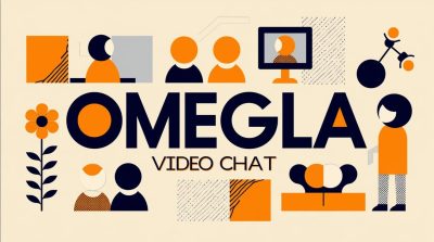 Illustration minimaliste représentant la plateforme Omegle chat avec des utilisateurs connectés par un réseau de lignes et de bulles de conversation