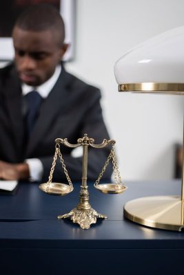 Un avocat professionnel travaillant à son bureau avec une balance de justice symbolisant l'équité et la compétence juridique.