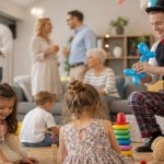 Réception familiale à domicile avec animation pour enfants et création de ballons devant les invités