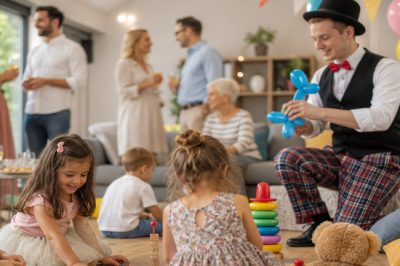 Réception familiale à domicile avec animation pour enfants et création de ballons devant les invités