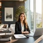 Bureau professionnel lumineux avec une dirigeante dans un espace de travail moderne