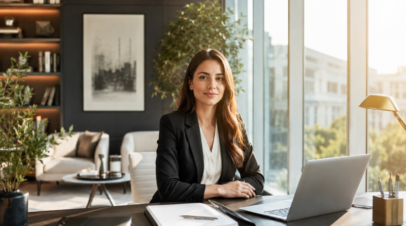 Bureau professionnel lumineux avec une dirigeante dans un espace de travail moderne