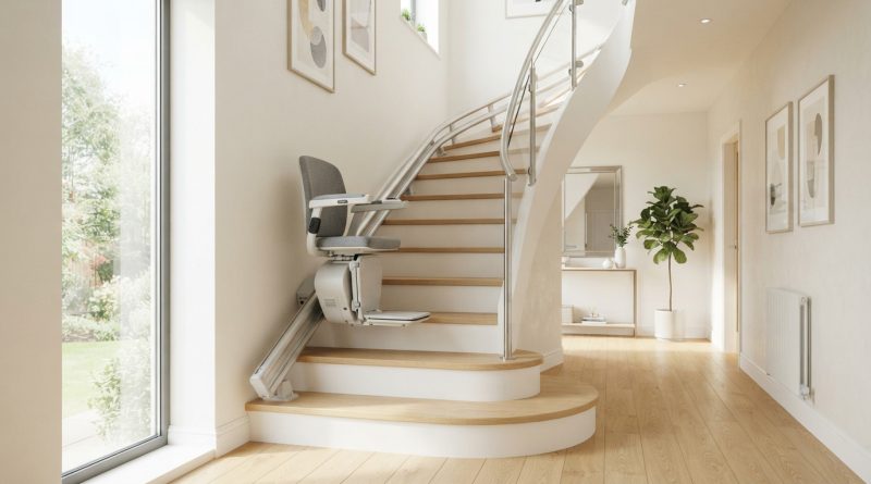 Monte-escalier moderne sur un escalier tournant, maison lumineuse